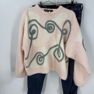 Kitty Hawk vintage textured artsy print soft cozy Pink and Gray Sweater M
